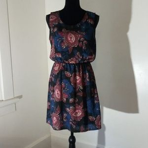 B Famous Pink Blue and Black Floral Print Dress